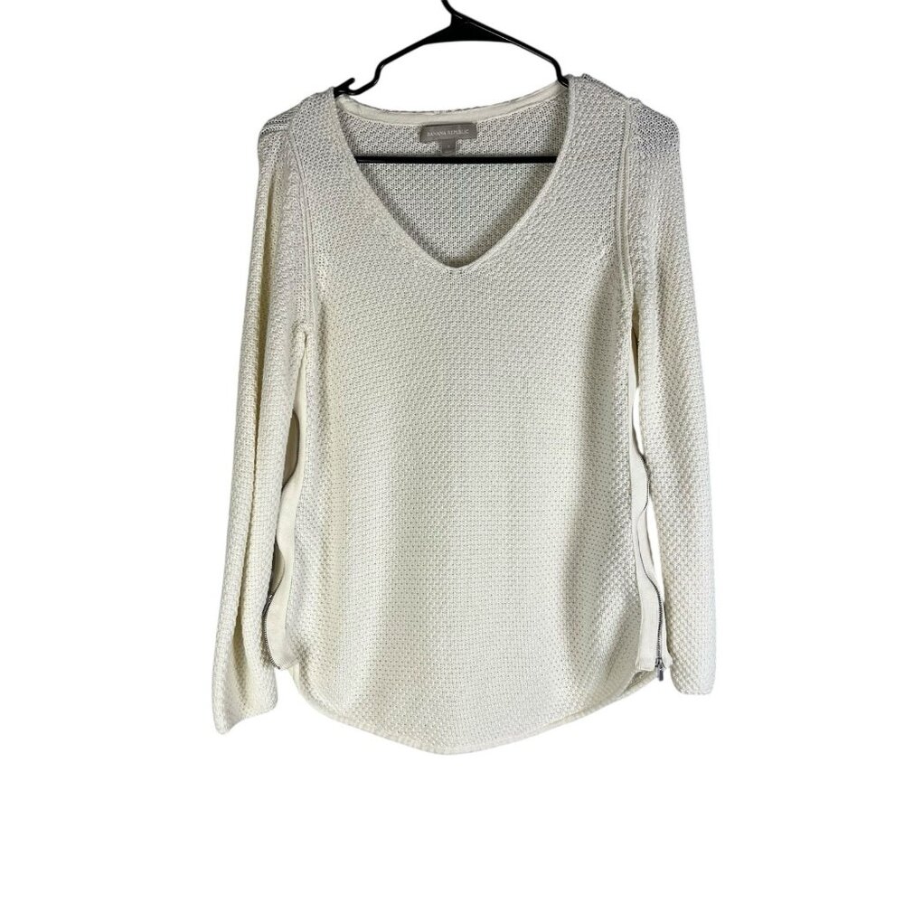 Banana Republic Womens Off White Ivory V Neck Side Zip Pullover Sweater Knit S